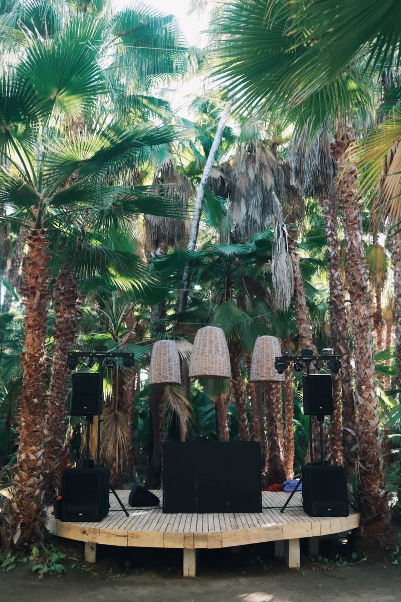 Sistema de audio y luces instalado entre palmeras